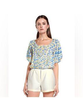 Anthropologie by Greylin Floral Embroidered Vneck Short Sleeve Smocked Blouse